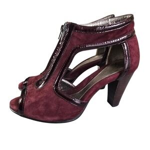 Sofft Ankle Bootie Women Size 10M Burgundy Suede Peep Toe Front Zipper Heels